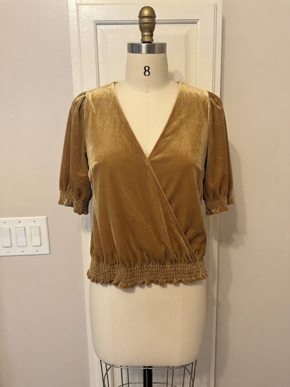 Madewell Velvet Wrap V-Neck Puff Sleeve Top - Gold